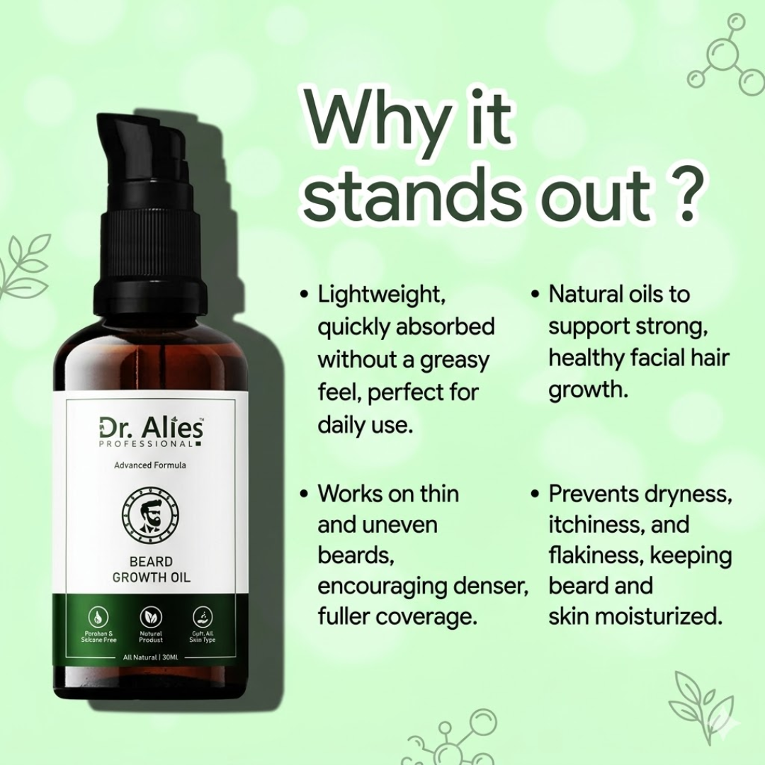 Dr. Alies Professional Beard Growth Oil | Natural Formula with Vitamin E, Almond Oil & Castor Oil